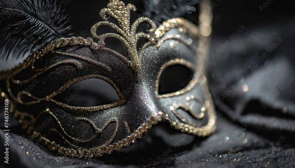 Black Venetian carnival mask, masquerade, party outfit, festive costume, Mardi Gras celebration Black Venetian carnival mask, masquerade, party outfit, festive costume, Mardi Gras celebration