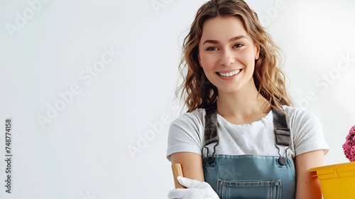 banner for cleaning services, young happy girl cleaning lady on a white background with space for text