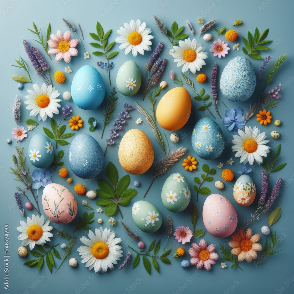 A beautiful arrangement of painted Easter eggs nestled among spring flowers and greenery. This festive composition embodies the freshness and joy of the Easter season.