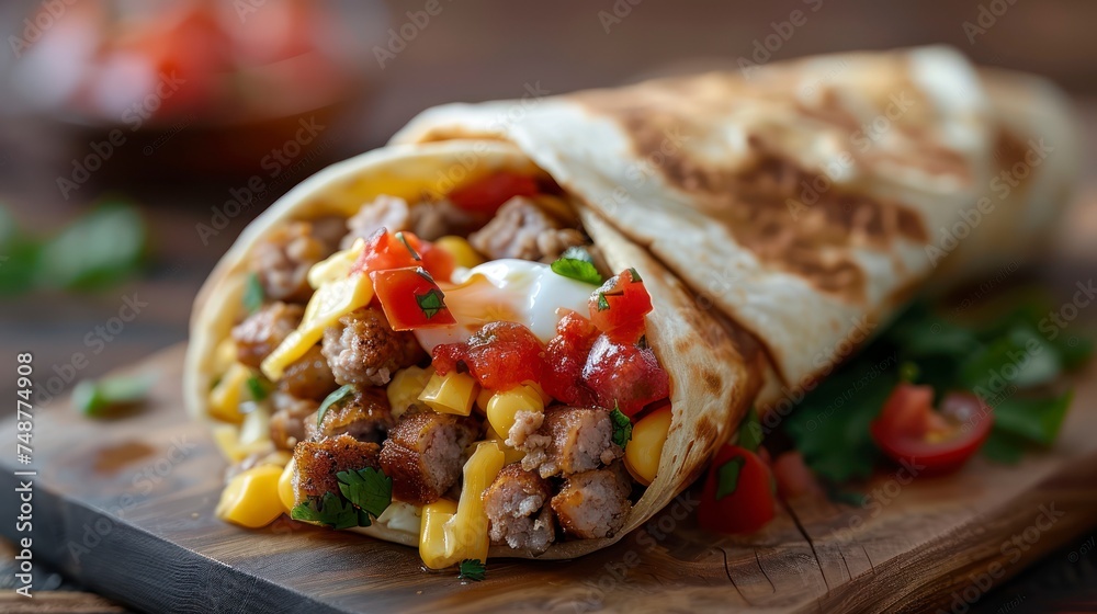 A Sausage and Egg Breakfast Burrito Wrapped in Warmth with Salsa and Cheese A Sausage and Egg Breakfast Burrito Wrapped in Warmth with Salsa and Cheese