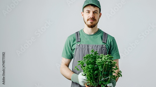 gardener in a green T-shirt and gray overalls on a gray background with a plant in his hands with copy space and space for text