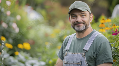 gardener in a green T-shirt and gray overalls against the backdrop of a garden with copy space