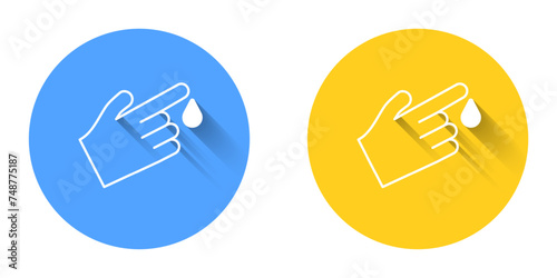 White Hand finger with blood drops icon isolated on isolated with long shadow background. Diabetes, sugar blood. Circle button. Vector