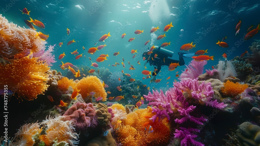 A Diver's Journey Among Vibrant Coral Reefs and Swirling Schools of Colorful Fish