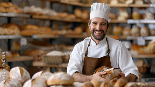 bakery banner, smiling baker in an apron and white cap on the background of a bakery with copy space and place for text photo