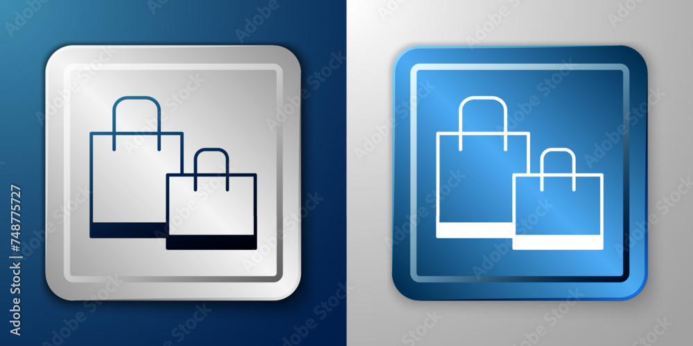 White Paper shopping bag icon isolated on blue and grey background. Package sign. Silver and blue square button. Vector White Paper shopping bag icon isolated on blue and grey background. Package sign. Silver and blue square button. Vector