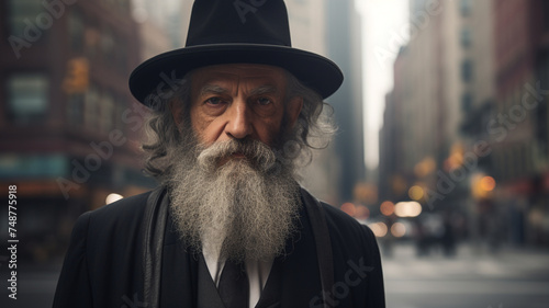 A frontal portrait of an old Jewish rabbi with a distinguished beard, reflecting wisdom and tradition.