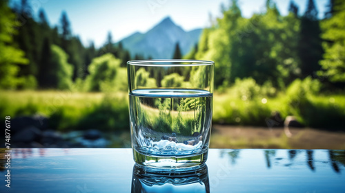 A glass of water set against a backdrop of fresh, natural surroundings, portraying a serene and refreshing scene.