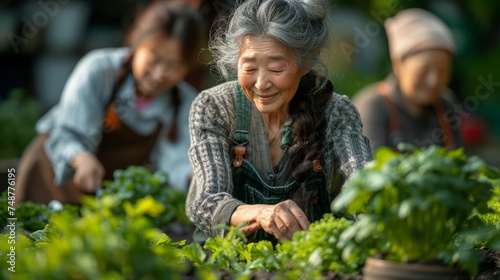 Elderly grandmothers are engaged in gardening in the backyard.