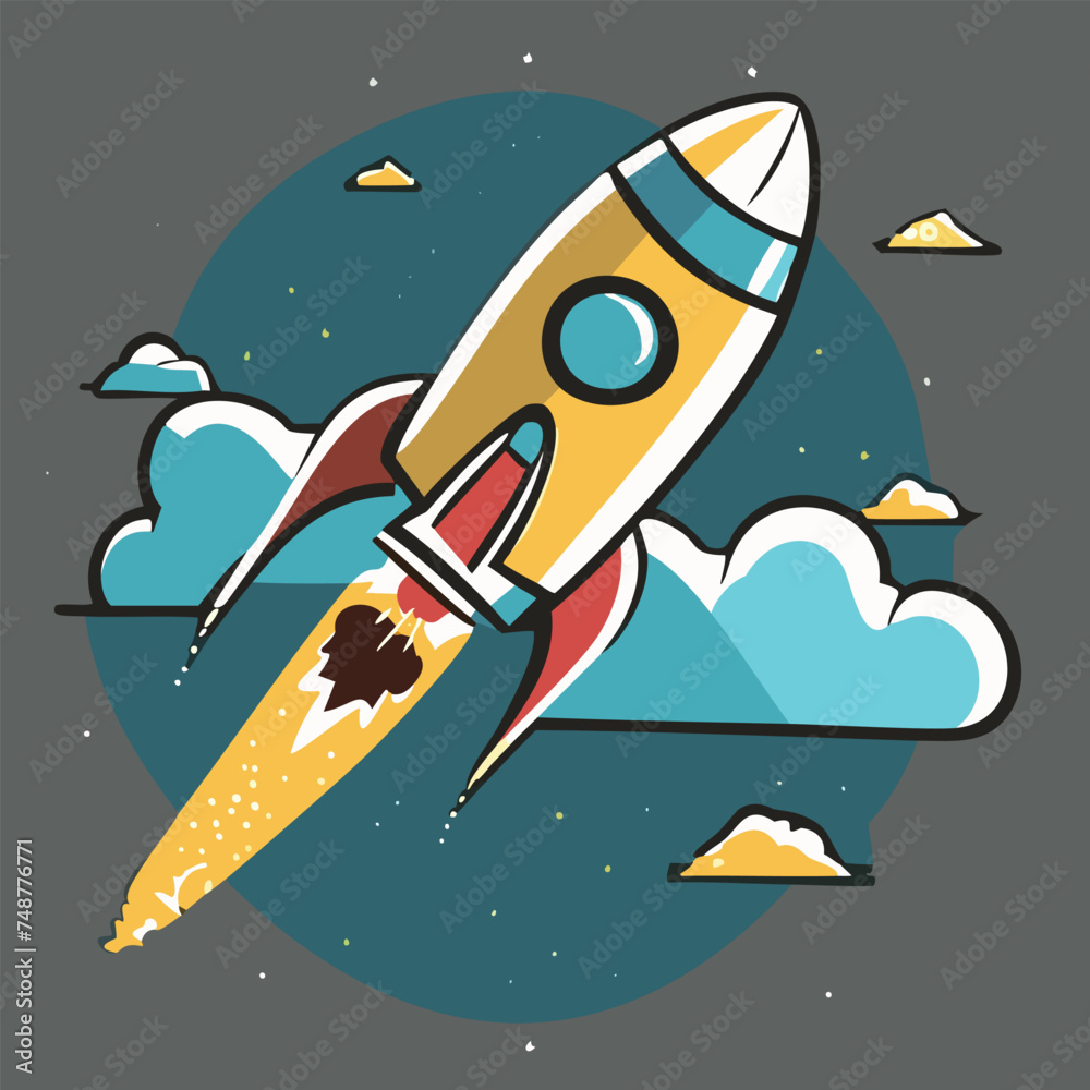 Fototapeta premium Space rocket flying towards the clouds believable rocket icon