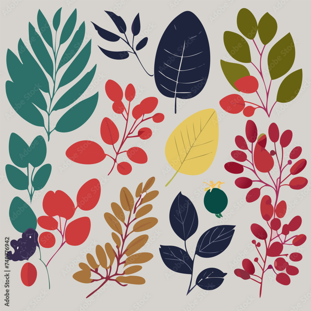Fototapeta premium Vector set on white background with leaves, berries, flowers