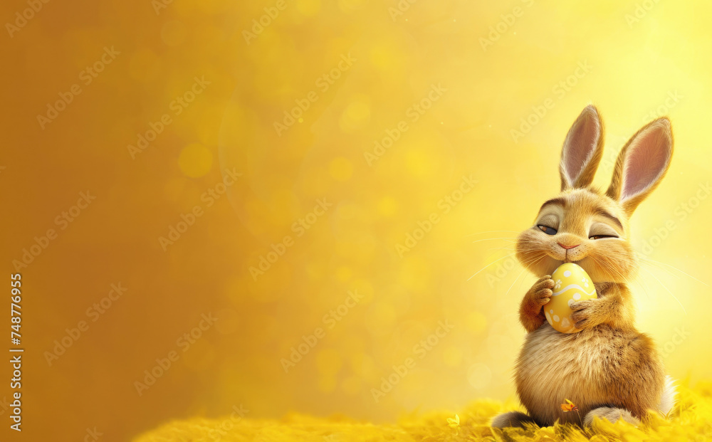 Fototapeta premium Cartoon bunny hugging an Easter egg, yellow background