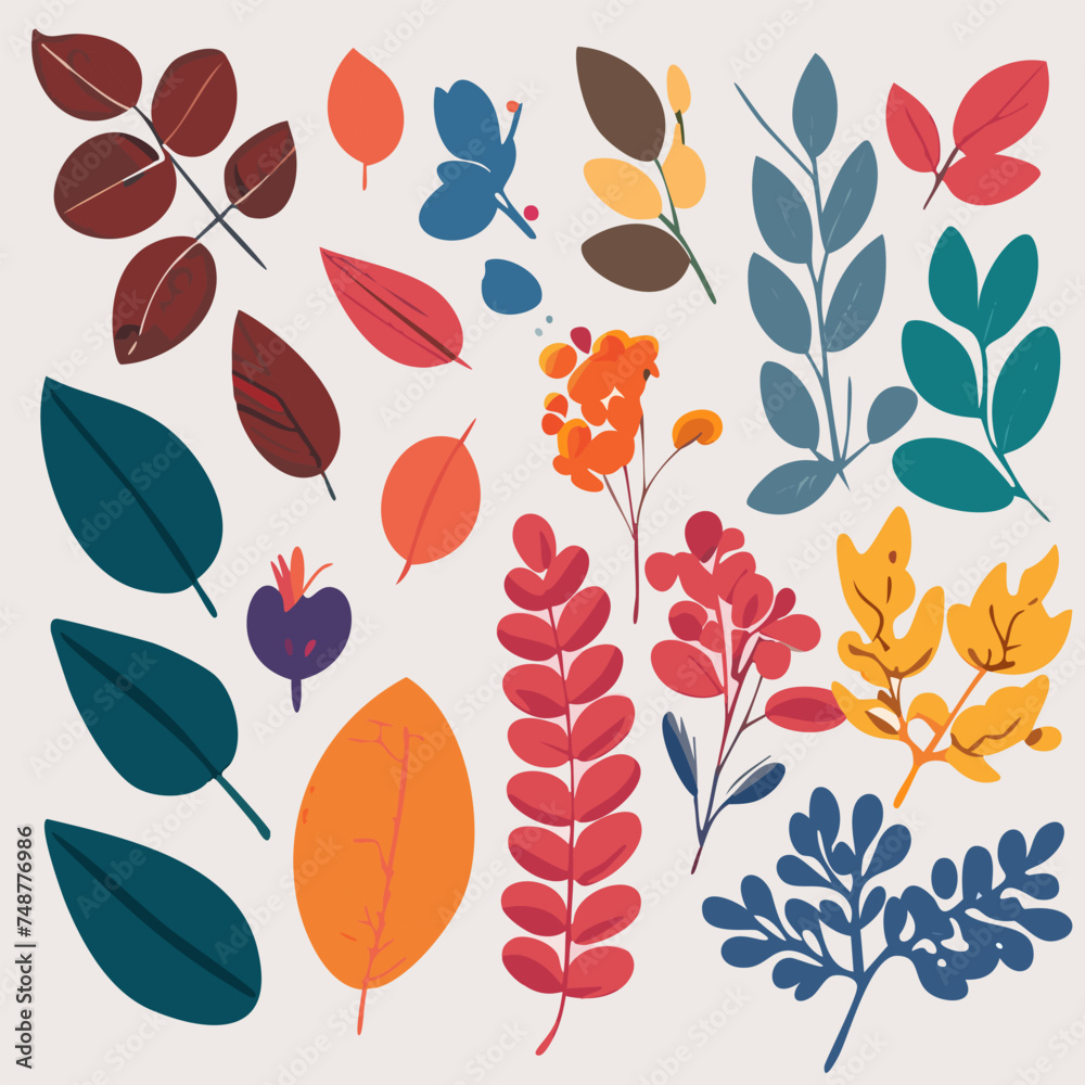 Obraz premium Vector set on white background with leaves, berries, flowers