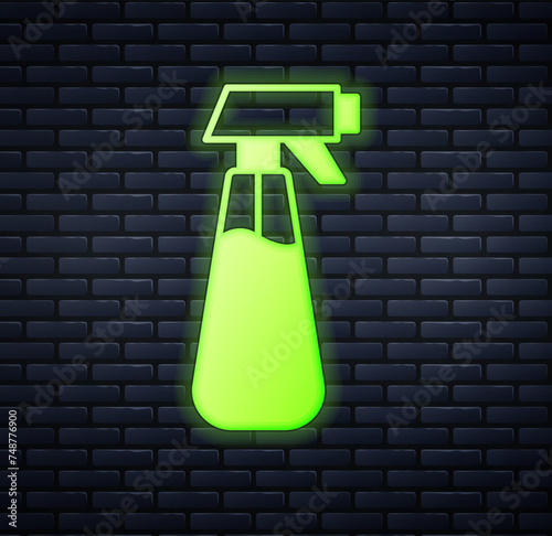 Glowing neon Garden sprayer for water, fertilizer, chemicals icon isolated on brick wall background. Vector