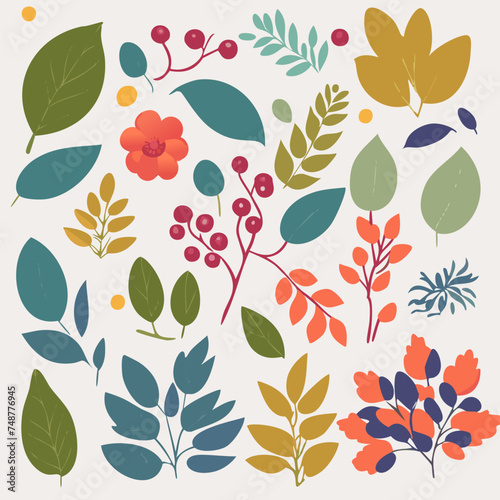 Vector set on white background with leaves, berries, flowers
