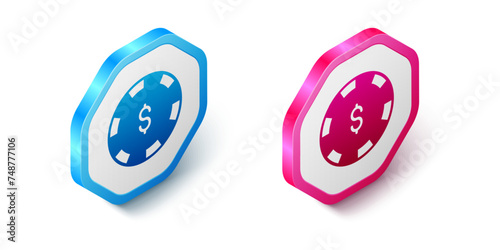 Isometric Casino chip with dollar symbol icon isolated on white background. Casino gambling. Hexagon button. Vector