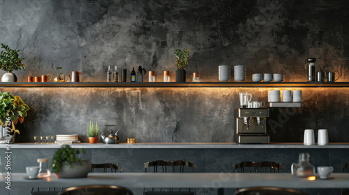 Dark stylish office kitchen interior with bar counter on grey tile concrete floor. Minimalist cooking and eating space for lunch and break, coffee maker with dishes and cups.