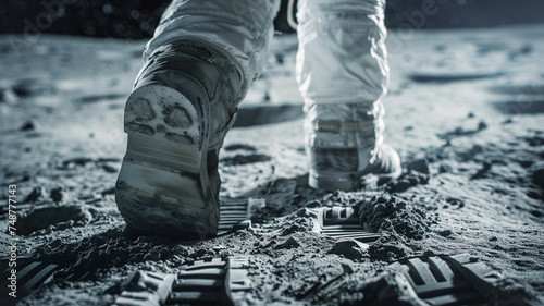 The astronaut's feet touch the surface of the moon, taking steps in a space suit and boots. #748777143