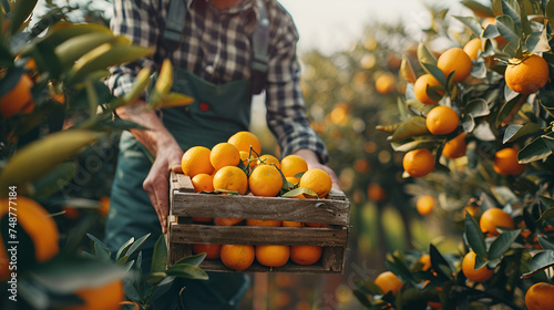 orange juice advertising banner with space for text, orange picker picking oranges close up with space for text
