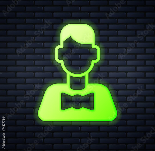 Glowing neon Casino dealer icon isolated on brick wall background. Casino croupier. Vector