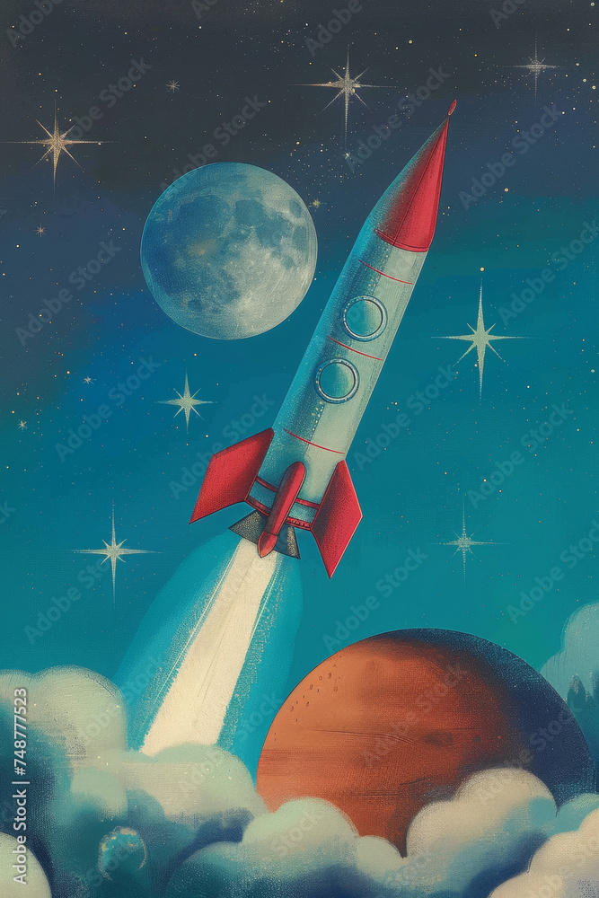 Space rocket ship heading to moon, illustration in red and blue pastel colors. Startup concept. To the Moon.