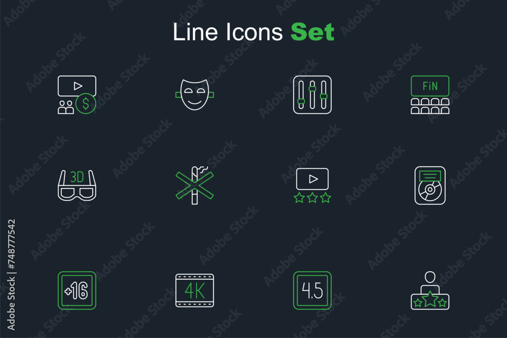 Set line Actor star, Rating movie, 4k, Plus 16, CD disk award frame, No smoking and 3D cinema glasses icon. Vector Set line Actor star, Rating movie, 4k, Plus 16, CD disk award frame, No smoking and 3D cinema glasses icon. Vector