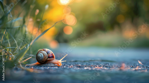 A snail is crawling on a quiet road, moving at its own slow pace, creating a serene and unhurried scene.