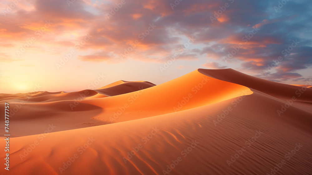 A quiet desert during sunset, portraying a tranquil and serene scene with the warm hues of the setting sun casting a peaceful glow over the landscape.