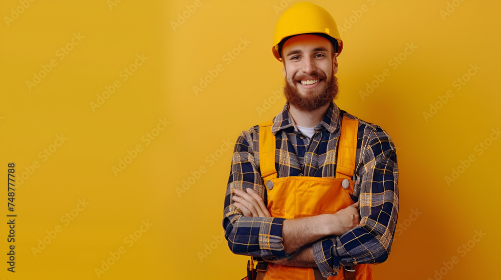 builder in a yellow helmet on a yellow background with space for text builder in a yellow helmet on a yellow background with space for text