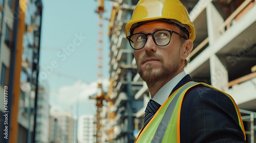 contractor in a yellow hardhat stands with his back against the background of a building under construction with space for text