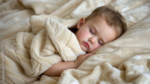 A baby sleeps soundly wrapped in a plush beige blanket.