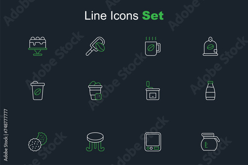 Set line Coffee pot, Electronic coffee scales, table, Cookie or biscuit, Milk bottle, Manual grinder, Iced and cup to go icon. Vector © Iryna