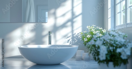 A Peaceful Bathroom Design Featuring a Minimalist Sink, Clear Mirror, and Relaxing Bathtub