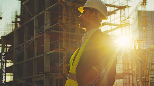 contractor in a white hardhat stands with his back against the background of a building under construction with space for text