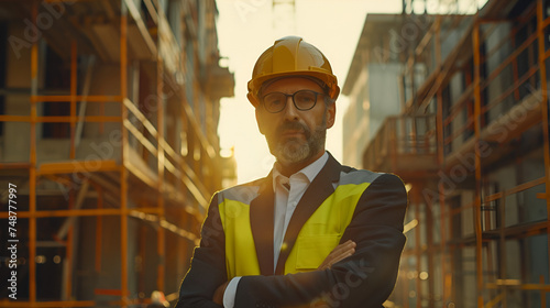 contractor in a yellow hardhat stands with his back against the background of a building under construction with space for text
