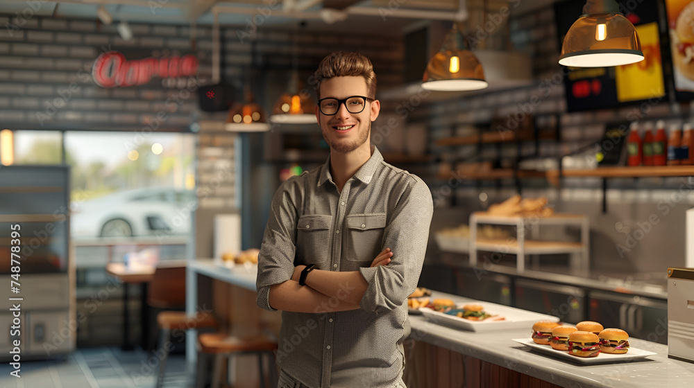 happy man on diner background with space for text