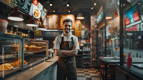 waiter on a cafe background with space for text