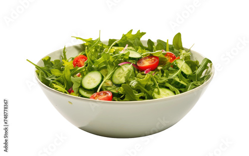 A white bowl is filled with a fresh green salad, showcasing a variety of vegetables and leafy greens. The vibrant colors and textures of the salad make for a healthy and appetizing meal option.