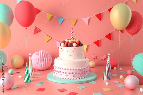 Birthday party with a 3D cake  3d festive celebration party theme background