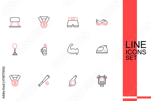 Set line Stopwatch, Whistle, Baseball bat with ball, Medal, Racing helmet, Bodybuilder showing muscles, Golf bag clubs and Punching icon. Vector