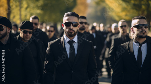 Funeral of a mafia boss. Sad faces. Mourning. People dressed in black