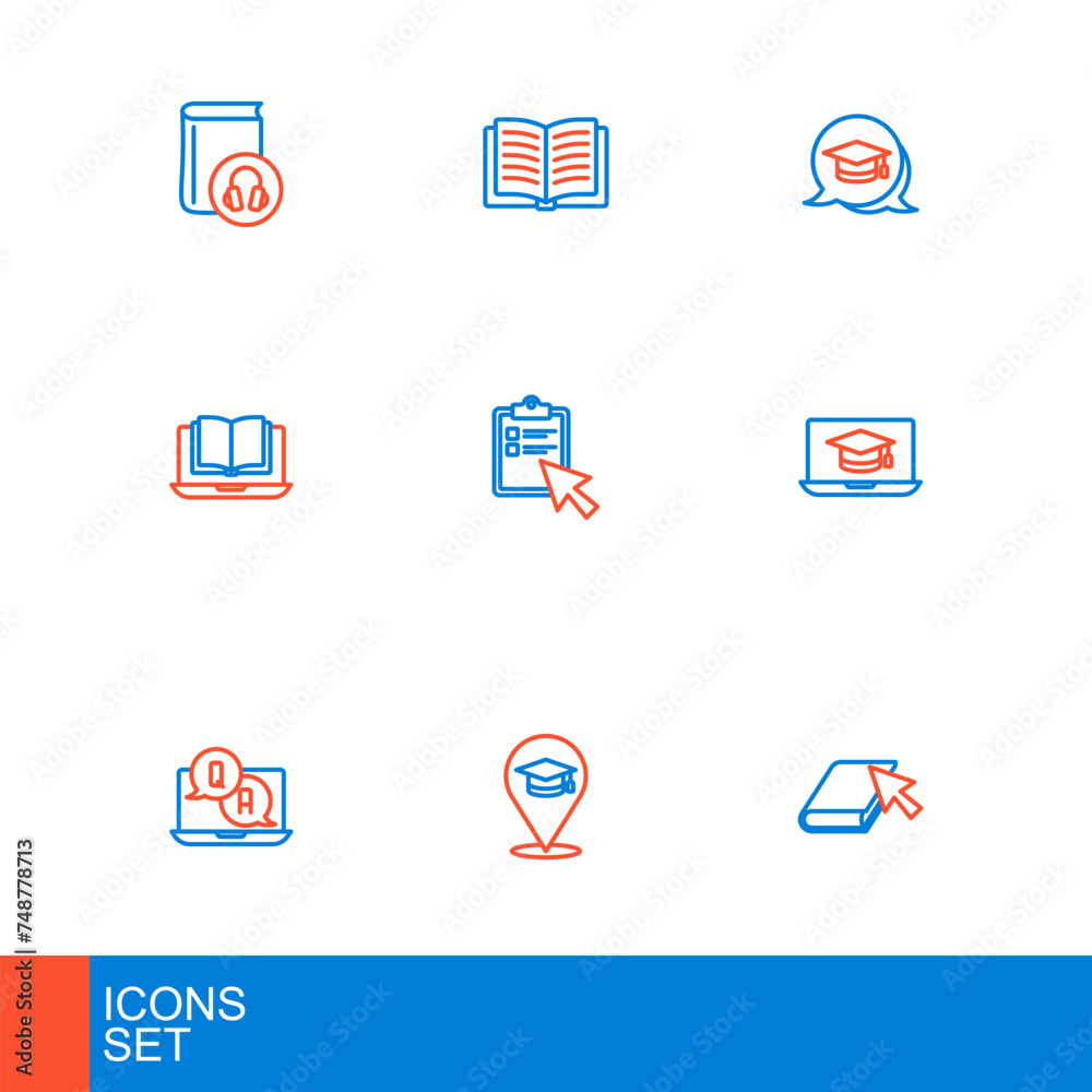 Set line Online book, education, Question and Answer, Graduation cap laptop, class, quiz, test, survey, speech bubble and Open icon. Vector Set line Online book, education, Question and Answer, Graduation cap laptop, class, quiz, test, survey, speech bubble and Open icon. Vector