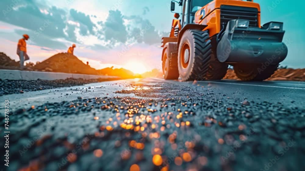 Teamwork of road construction workers Asphalt laying work at road construction sites Hot asphalt gravel being leveled by workers. and road surface repairs