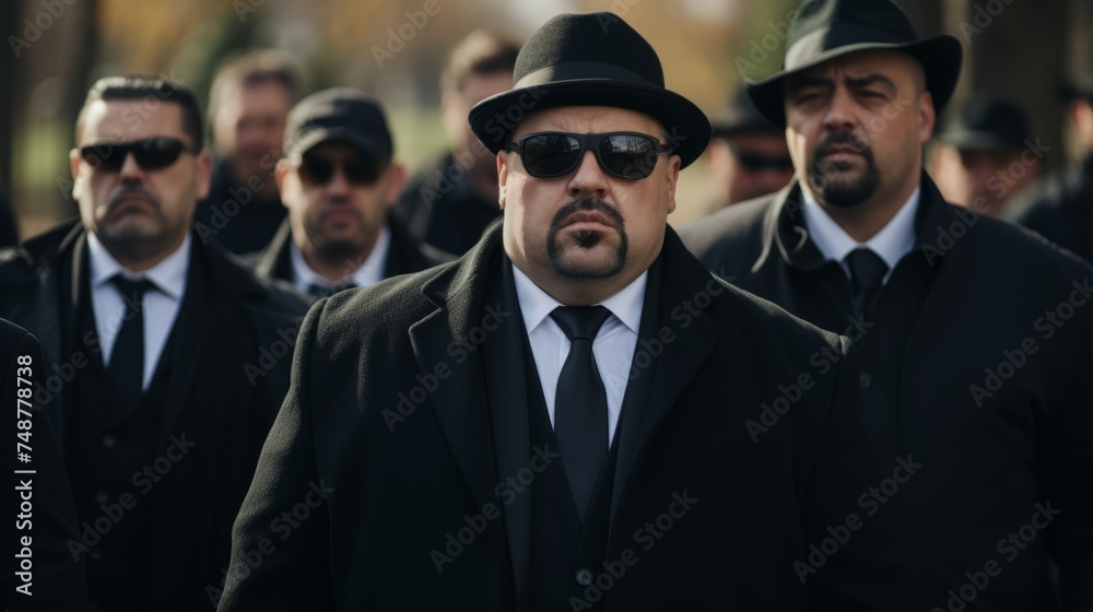 Funeral of a mafia boss. Sad faces. Mourning. People dressed in black Funeral of a mafia boss. Sad faces. Mourning. People dressed in black