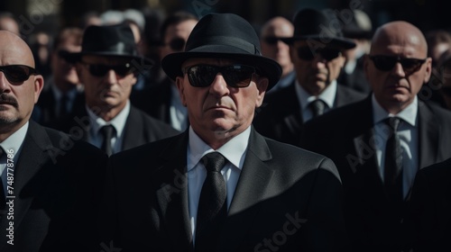 Funeral of a mafia boss. Sad faces. Mourning. People dressed in black