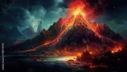 a volcano with hot lava flowing through
