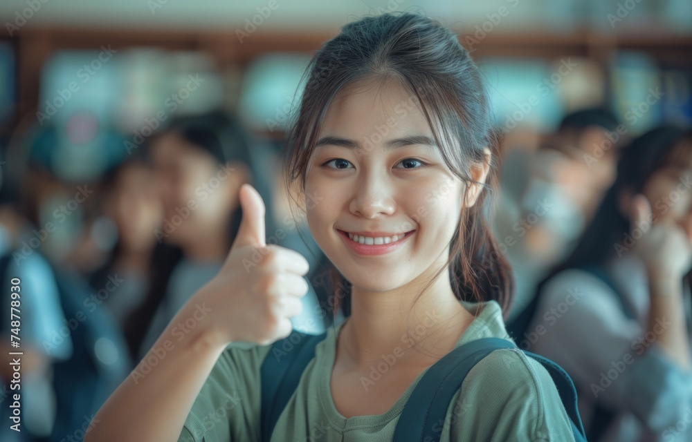 Female student gives thumbs up showing success and approval, labour day banner