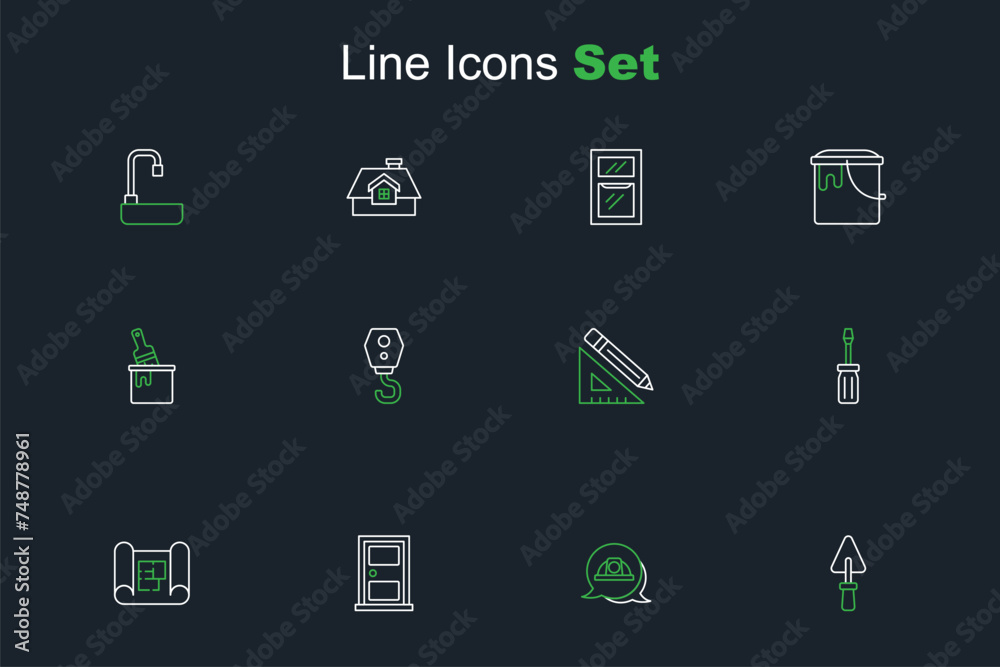 Set line Trowel, Worker safety helmet, Closed door, House plan, Screwdriver, Triangular ruler and pencil, Crane hook and Paint bucket with brush icon. Vector Set line Trowel, Worker safety helmet, Closed door, House plan, Screwdriver, Triangular ruler and pencil, Crane hook and Paint bucket with brush icon. Vector