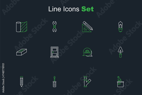 Set line Paint bucket with brush, Industry metallic pipe, Screwdriver, Pencil eraser, Trowel, Worker safety helmet, Closed door and Brick icon. Vector