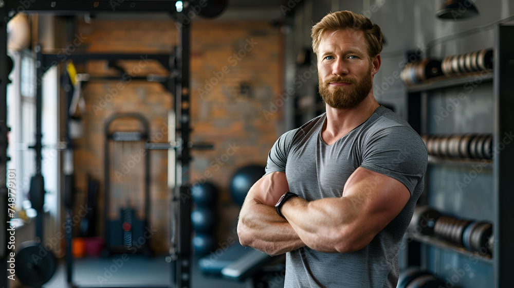 muscular trainer against the backdrop of a gym with copy space muscular trainer against the backdrop of a gym with copy space